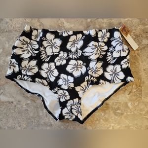 XL PINK Swim High Waist Boyshort Bikini Bottom Black Hibiscus
